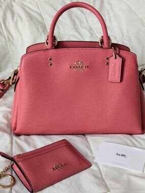 Coach Mini Lillie Carryall Handbag in Bright Coral Pink Salmon w/ ID Case 91146